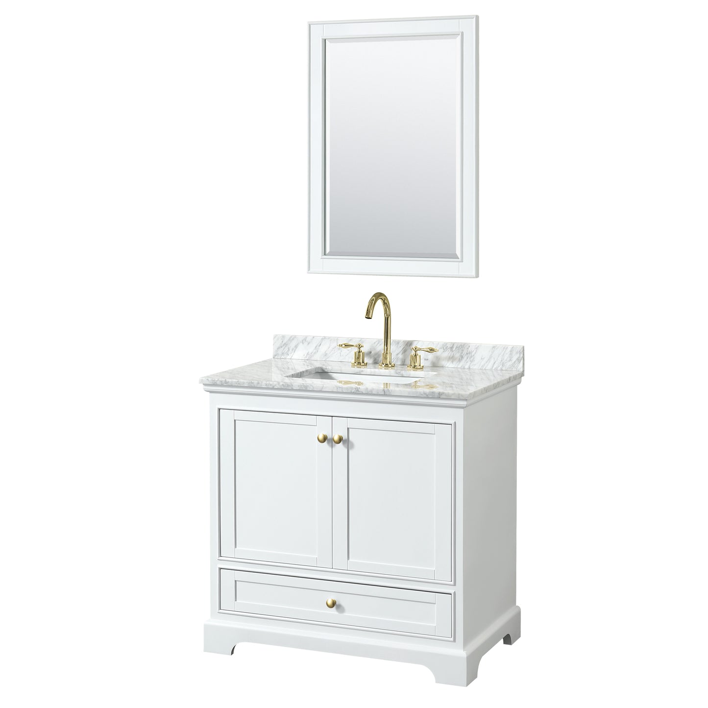 Deborah 36" Single Vanity in White, Top, Square Brushed Gold Trim, 24" Mirror