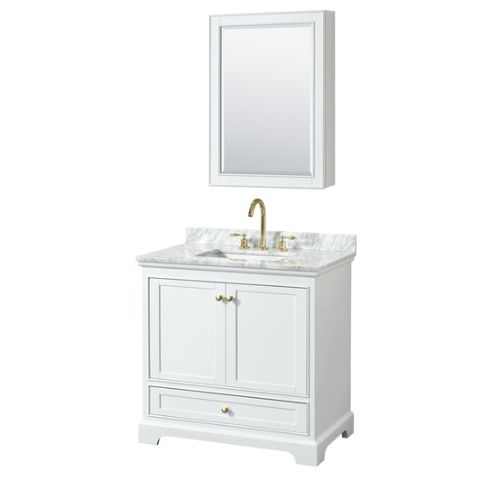 Deborah 36" Single Vanity in White, Top, Gold Trim, Medicine Cabinet