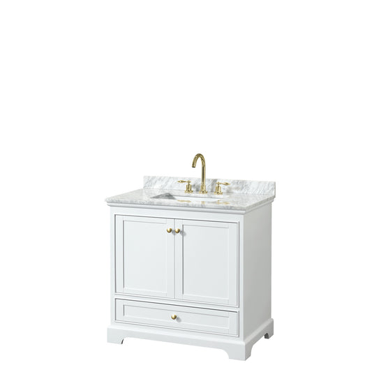 Deborah 36" Single Vanity in White, Top, Square Brushed Gold Trim, No Mirror