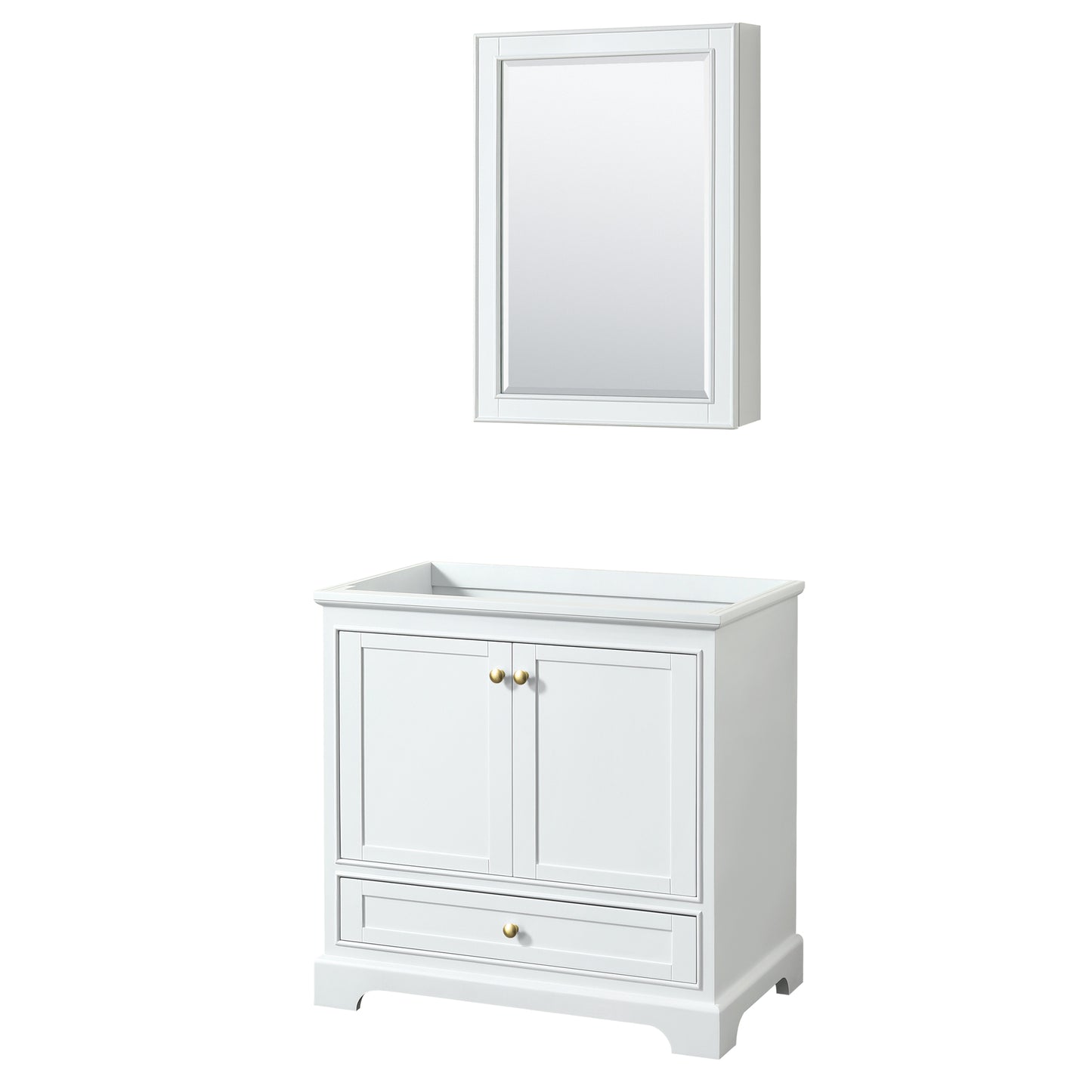 Deborah 36" Single Vanity in White, No Top, Brushed Gold Trim, Medicine Cabinet