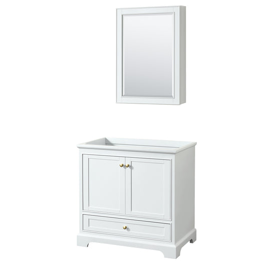 Deborah 36" Single Vanity in White, No Top, Brushed Gold Trim, Medicine Cabinet