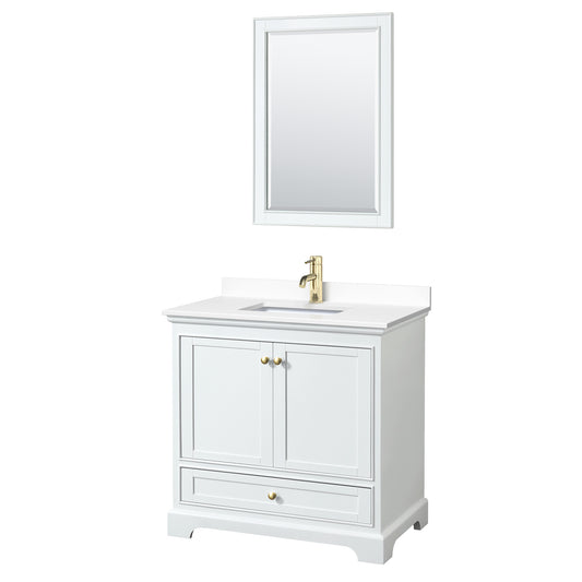 Deborah 36" Single Vanity in White, White Marble Top, Gold Trim, 24" Mirror