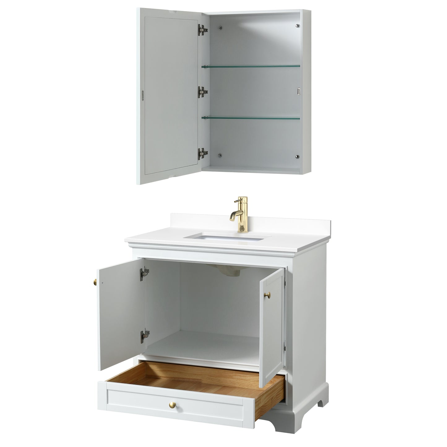 Deborah 36" White Single Vanity, White Marble Top, Gold Trim, Medicine Cabinet