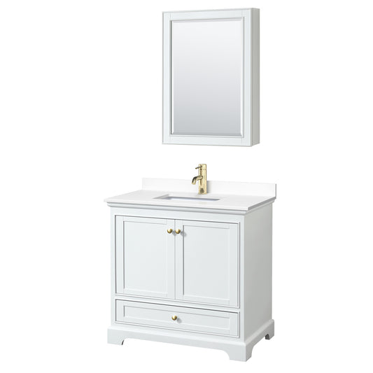 Deborah 36" White Single Vanity, White Marble Top, Gold Trim, Medicine Cabinet