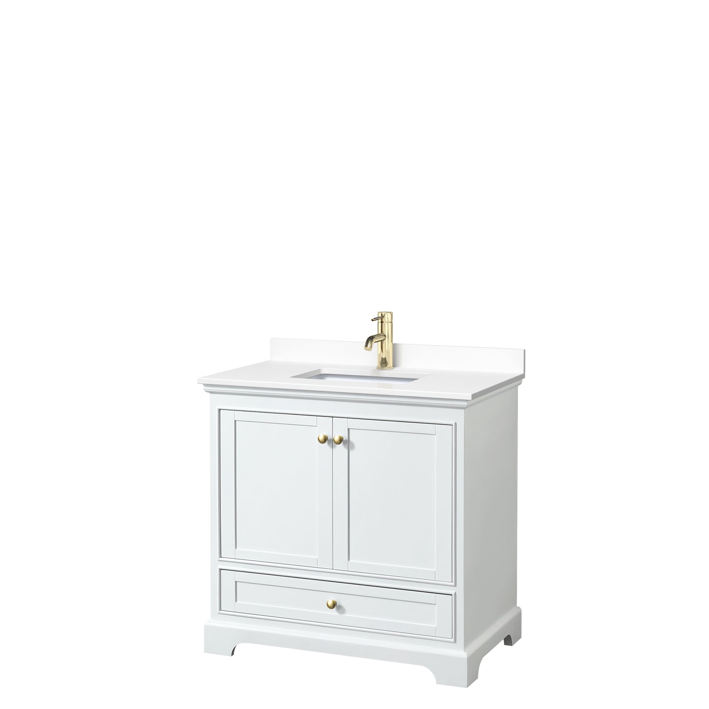Deborah 36" Single Vanity in White, White Marble Top, Gold Trim, No Mirror