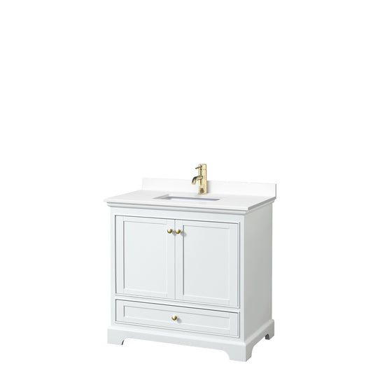 Deborah 36" Single Vanity in White, White Marble Top, Gold Trim, No Mirror