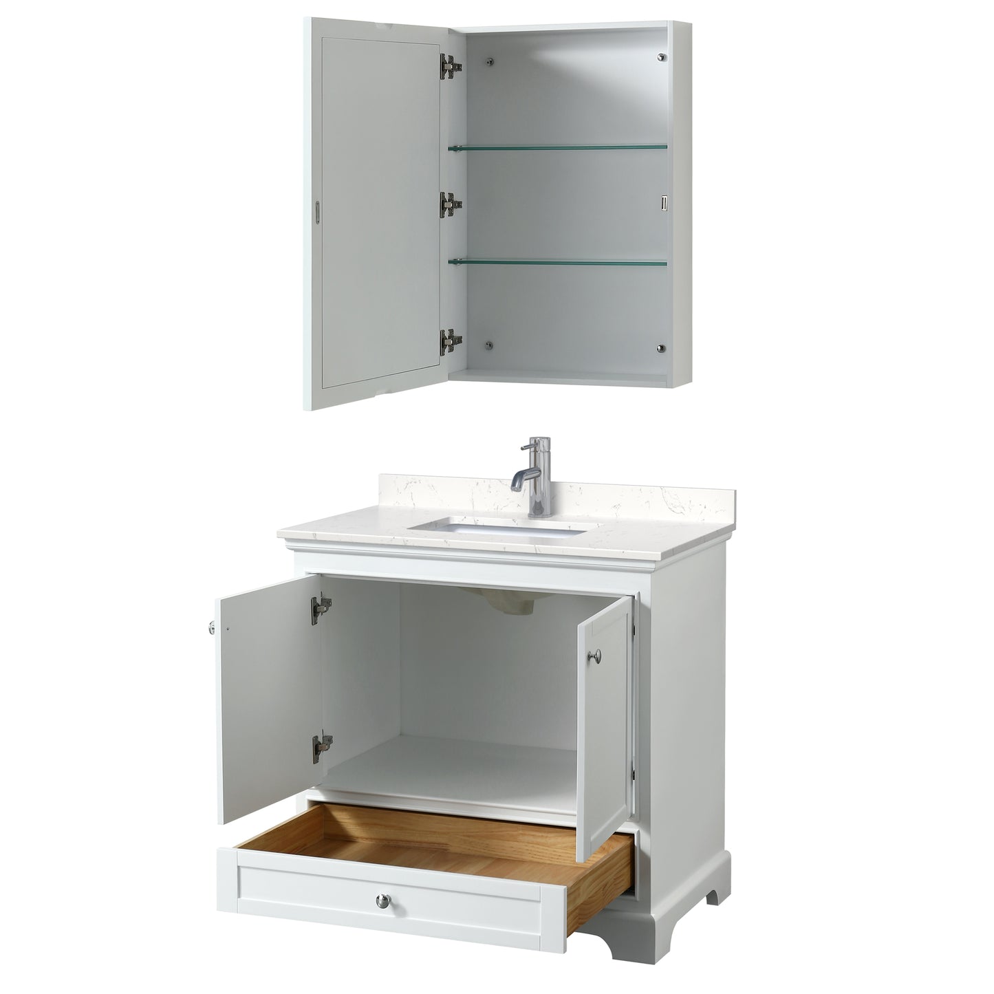 Deborah 36" Single Vanity in White, Carrara Marble Top, Medicine Cabinet