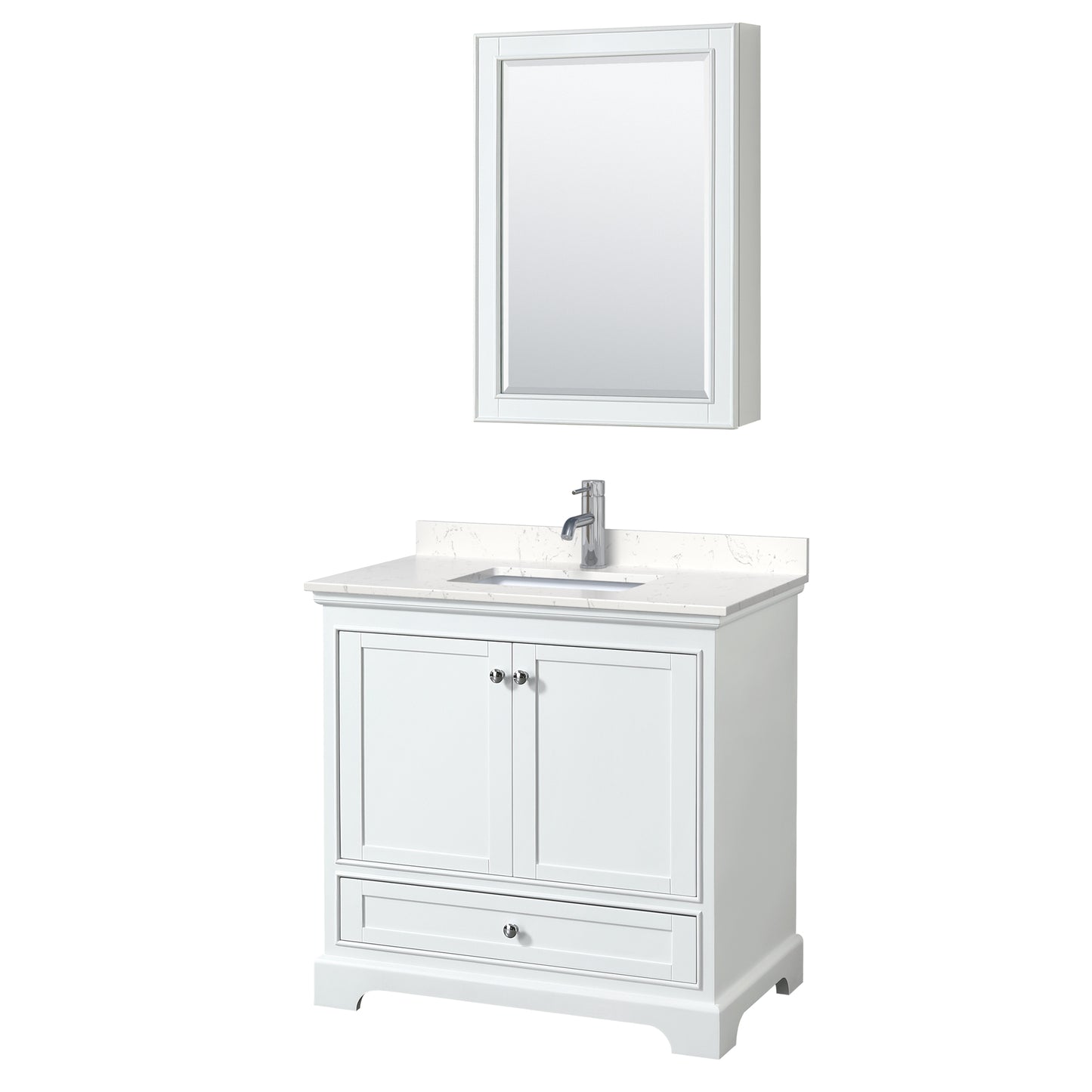 Deborah 36" Single Vanity in White, Carrara Marble Top, Medicine Cabinet