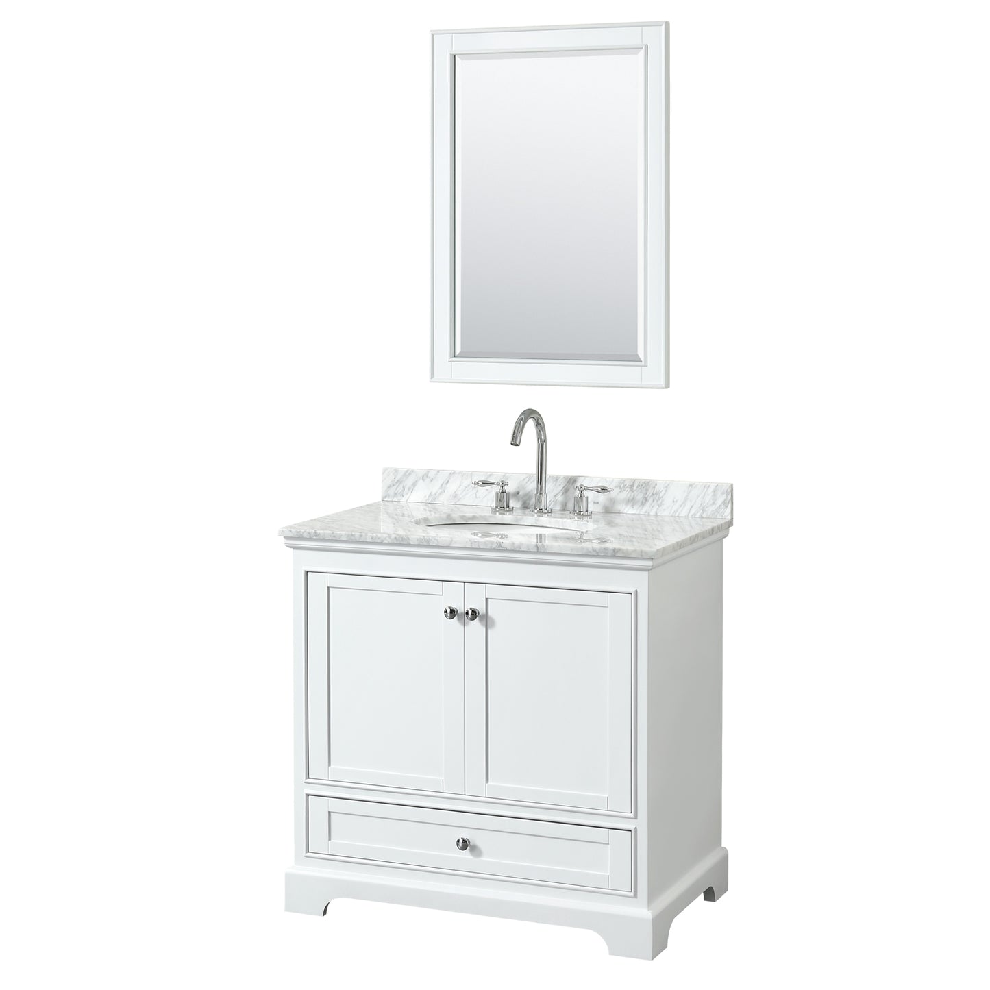 Deborah 36 Inch Single Bathroom Vanity in White, White Carrara Marble Countertop, Undermount Oval Sink, and 24 Inch Mirror