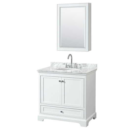 Deborah 36 Inch Single Bathroom Vanity in White, White Carrara Marble Countertop, Undermount Oval Sink, and Medicine Cabinet