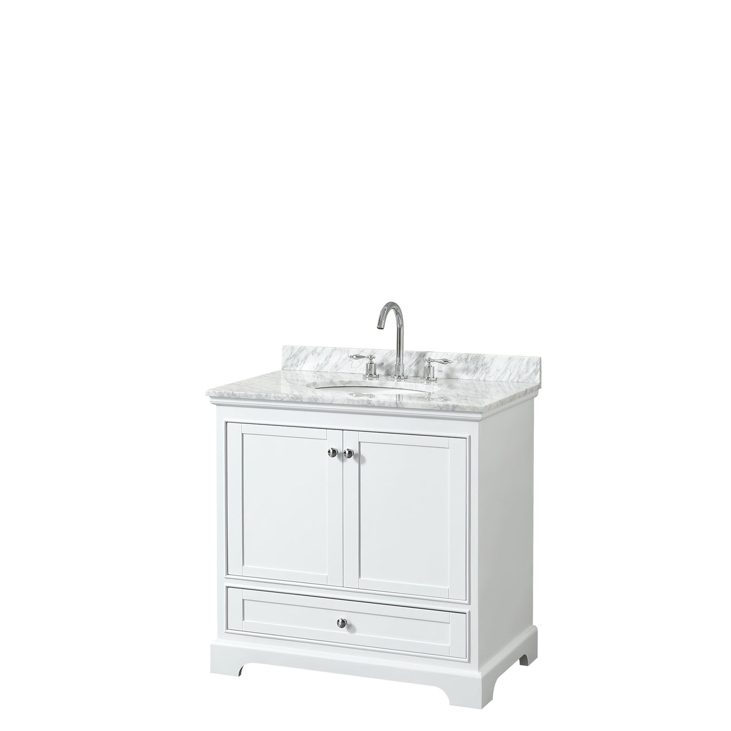 Deborah 36 Inch Single Bathroom Vanity in White, White Carrara Marble Countertop, Undermount Oval Sink, and No Mirror