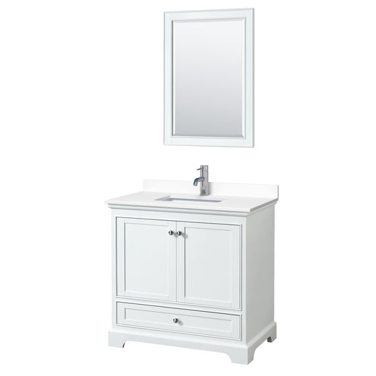 Deborah 36" Single Vanity in White, White Cultured Marble Top, Sink, 24" Mirror