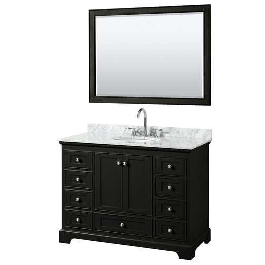 Deborah 48 Inch Single Bathroom Vanity in Dark Espresso, White Carrara Marble Countertop, Undermount Oval Sink, and 46 Inch Mirror