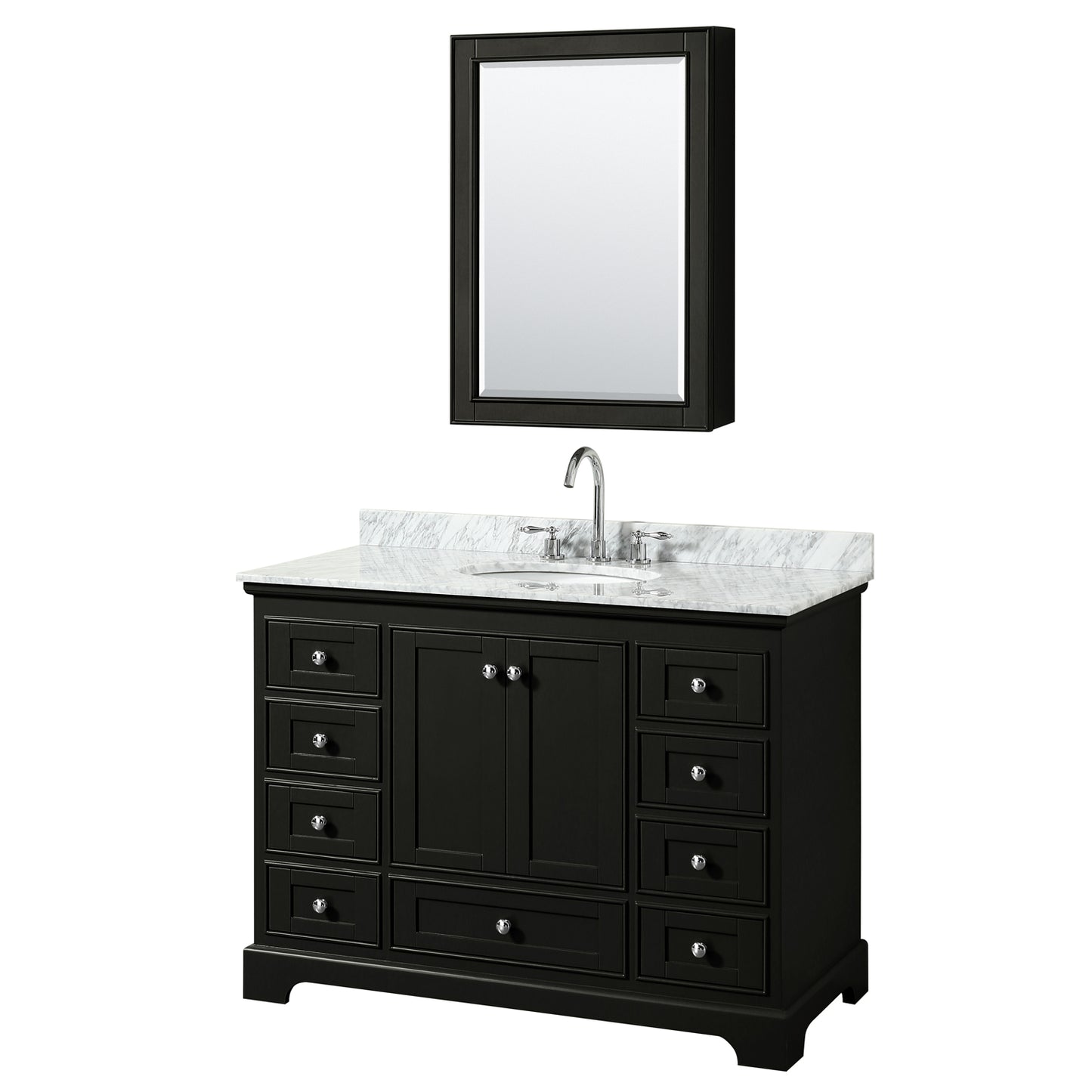 Deborah 48 Inch Single Bathroom Vanity in Dark Espresso, White Carrara Marble Countertop, Undermount Oval Sink, and Medicine Cabinet