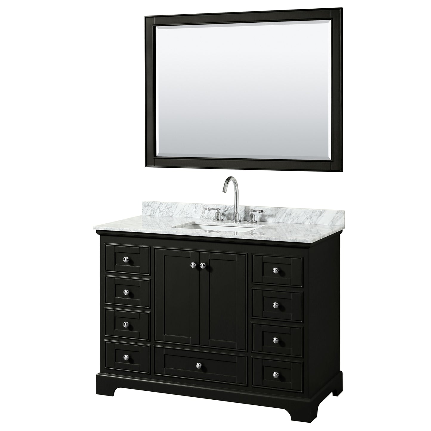 Deborah 48 Inch Single Bathroom Vanity in Dark Espresso, White Carrara Marble Countertop, Undermount Square Sink, and 46 Inch Mirror