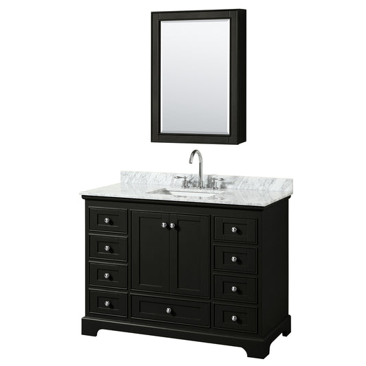 Deborah 48 Inch Single Bathroom Vanity in Dark Espresso, White Carrara Marble Countertop, Undermount Square Sink, and Medicine Cabinet