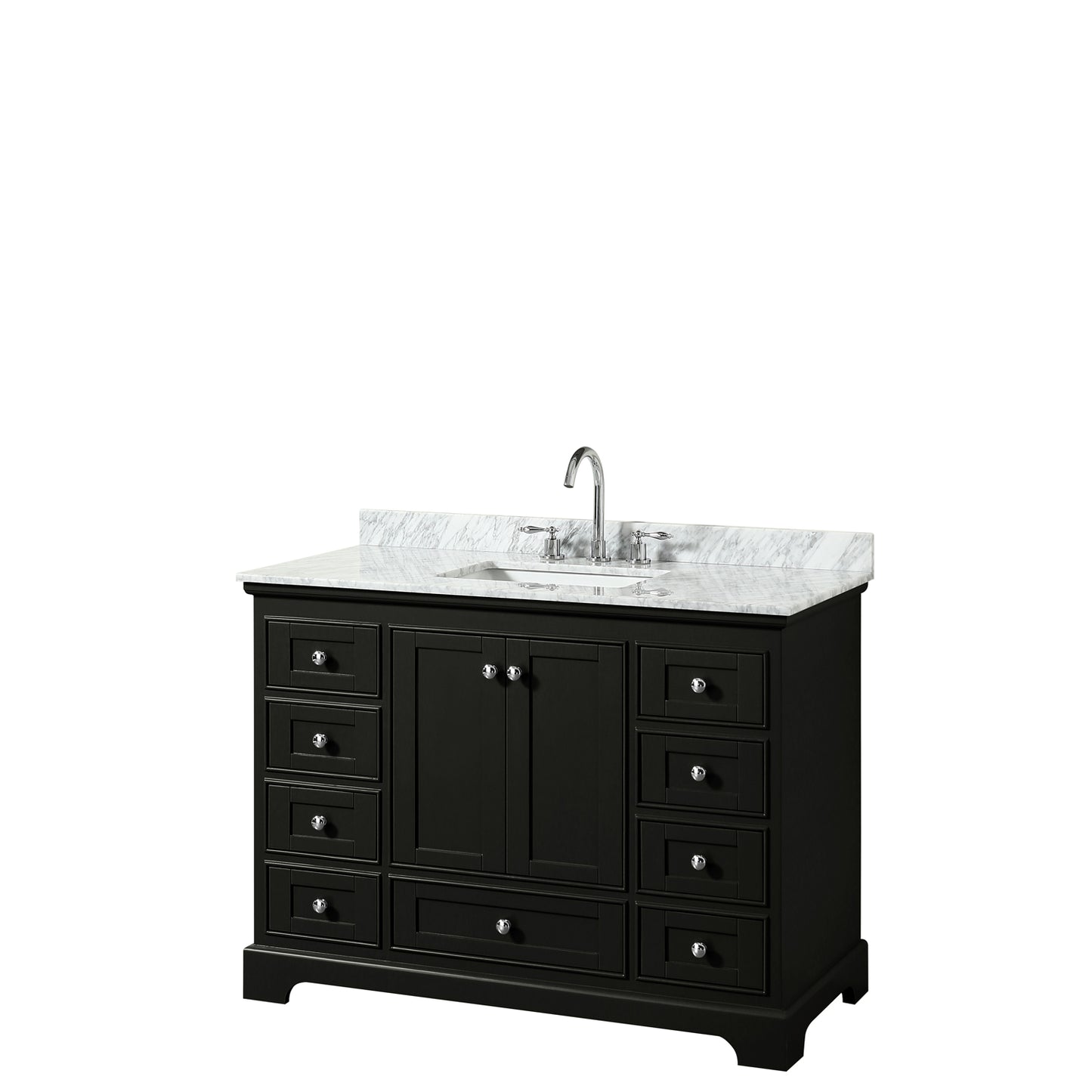 Deborah 48 Inch Single Bathroom Vanity in Dark Espresso, White Carrara Marble Countertop, Undermount Square Sink, and No Mirror