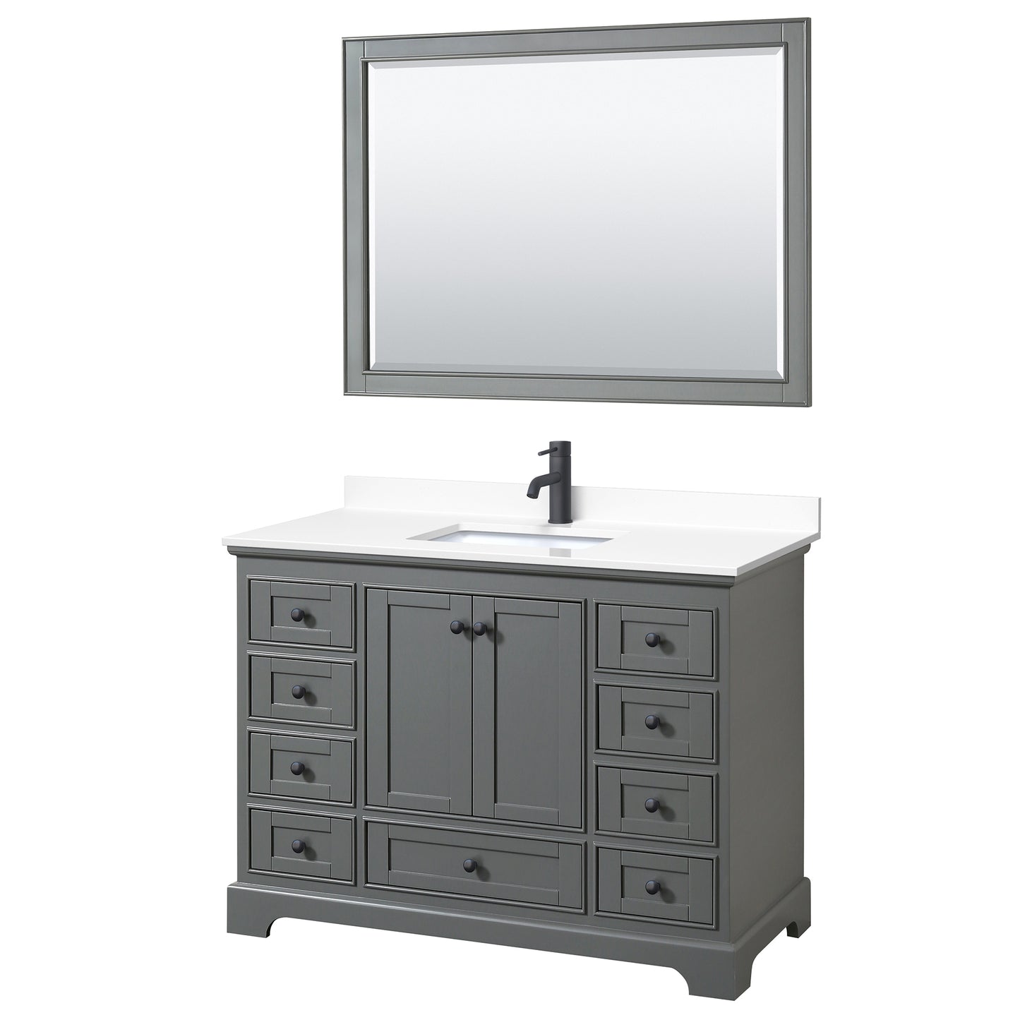 Deborah 48" Single Vanity in Dark Gray, White Marble Top, Black Trim, 46" Mirror
