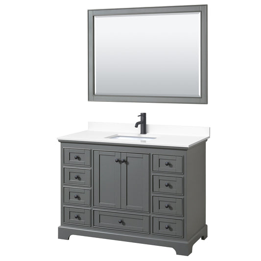 Deborah 48" Single Vanity in Dark Gray, White Marble Top, Black Trim, 46" Mirror