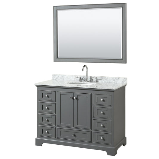 Deborah 48 Inch Single Bathroom Vanity in Dark Gray, White Carrara Marble Countertop, Undermount Oval Sink, and 46 Inch Mirror