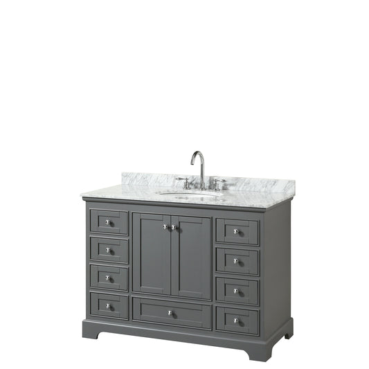 Deborah 48 Inch Single Bathroom Vanity in Dark Gray, White Carrara Marble Countertop, Undermount Oval Sink, and No Mirror