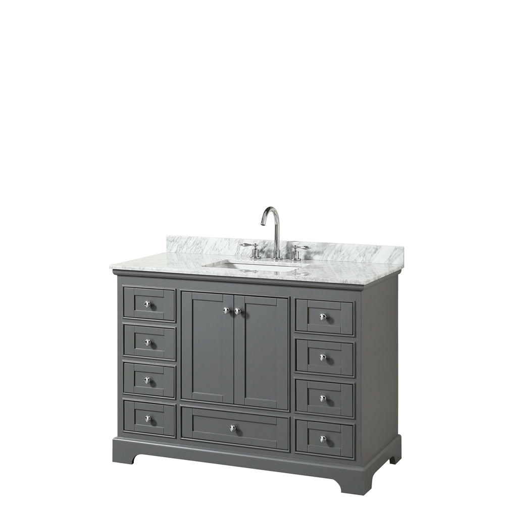 Deborah 48 inch Single Bathroom Vanity in Dark Gray, White Carrara Marble Countertop, Undermount Square Sink, and No Mirror