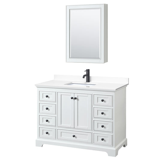 Deborah 48" White Single Vanity, White Marble Top, Black Trim, Medicine Cabinet
