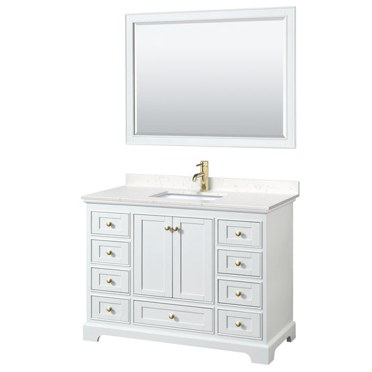 Deborah 48" Single Vanity in White, Carrara Marble Top, Gold Trim, 46" Mirror