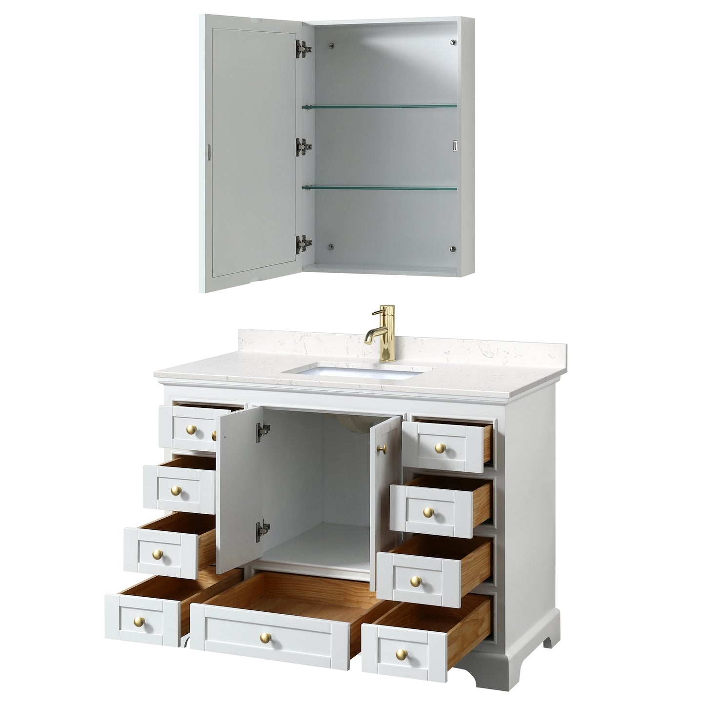 Deborah 48" White Single Vanity, Carrara Marble Top, Gold Trim, Medicine Cabinet