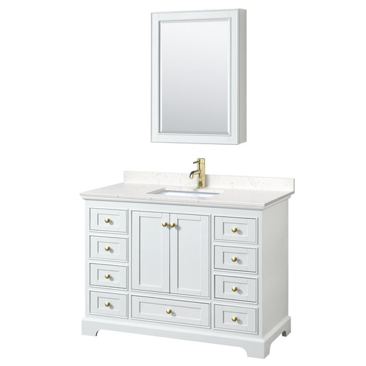 Deborah 48" White Single Vanity, Carrara Marble Top, Gold Trim, Medicine Cabinet