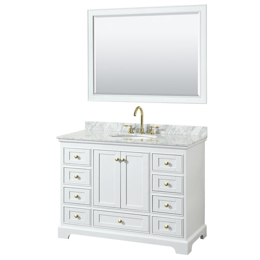 Deborah 48" Single Vanity in White, Top, Oval Brushed Gold Trim, 46" Mirror