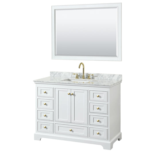 Deborah 48" Single Vanity in White, Top, Square Brushed Gold Trim, 46" Mirror