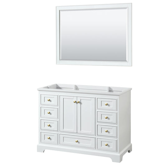 Deborah 48" Single Vanity in White, No Top, Brushed Gold Trim, 46" Mirror