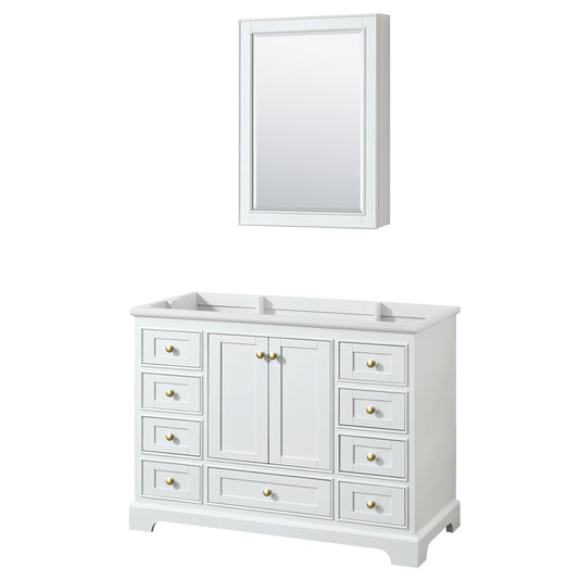 Deborah 48" Single Vanity in White, No Top, Brushed Gold Trim, Medicine Cabinet