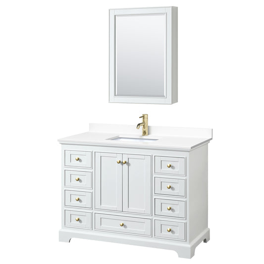 Deborah 48" White Single Vanity, White Marble Top, Gold Trim, Medicine Cabinet