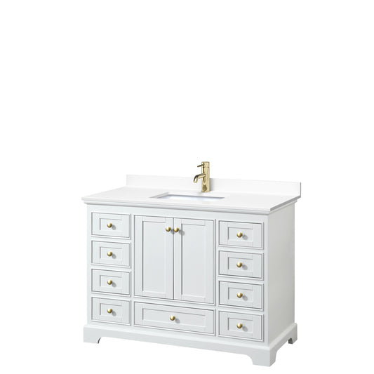 Deborah 48" Single Vanity in White, White Marble Top, Gold Trim, No Mirror
