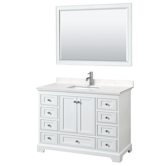 Deborah 48" Single Vanity in White, Carrara Cultured Marble Top, 46" Mirror
