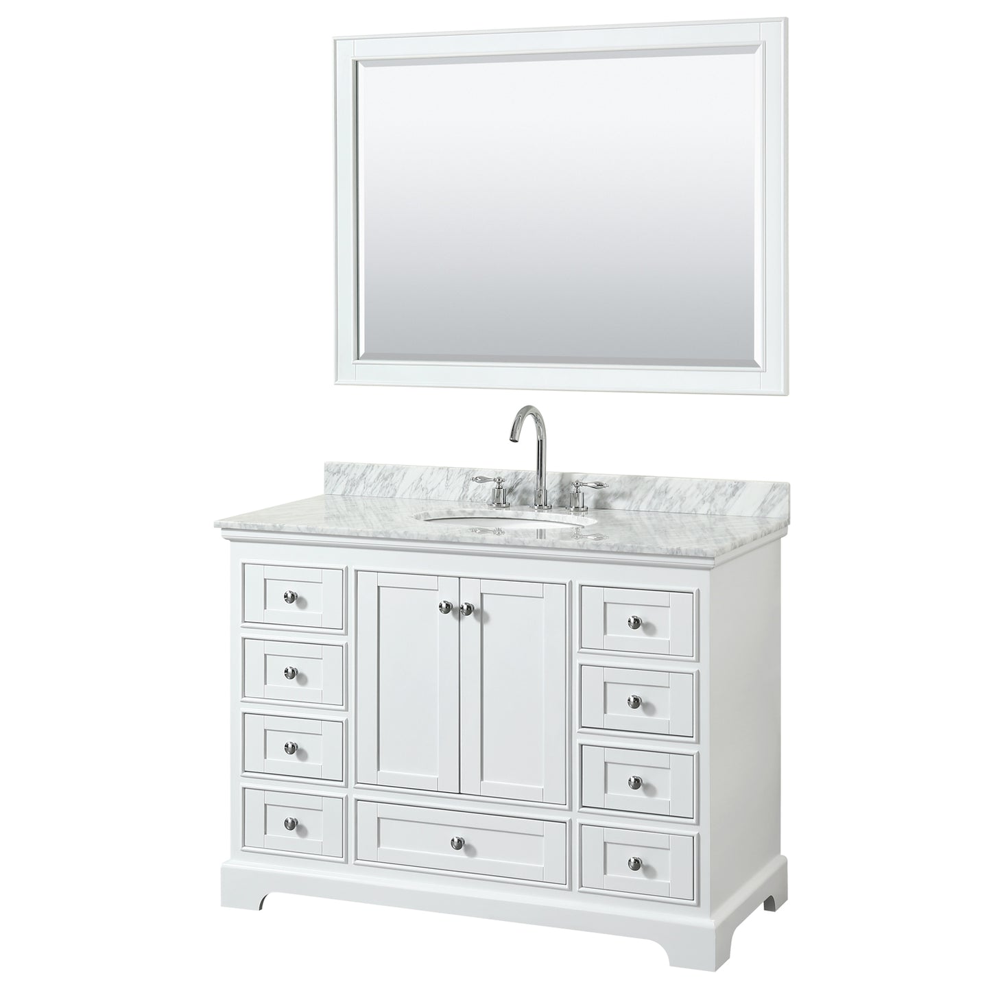 Deborah 48 Inch Single Bathroom Vanity in White, White Carrara Marble Countertop, Undermount Oval Sink, and 46 Inch Mirror