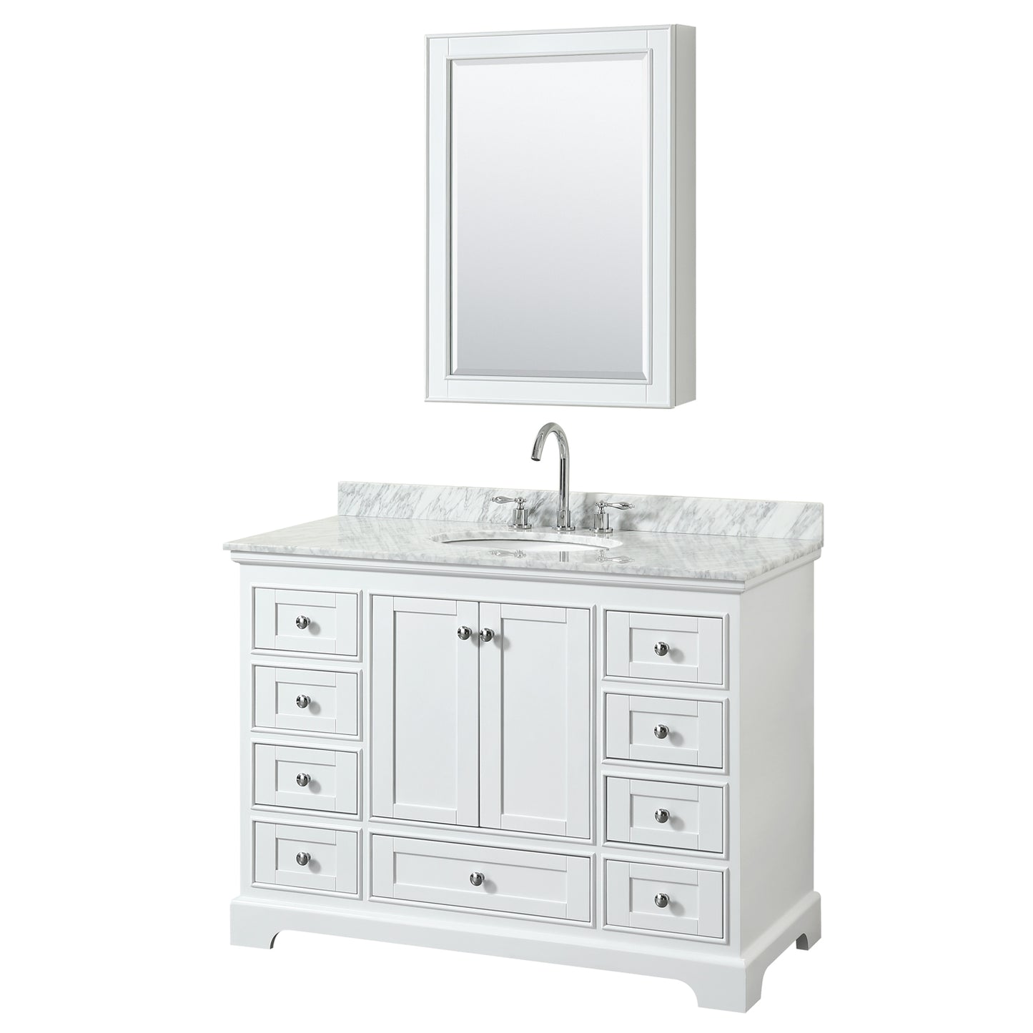 Deborah 48 Inch Single Bathroom Vanity in White, White Carrara Marble Countertop, Undermount Oval Sink, and Medicine Cabinet