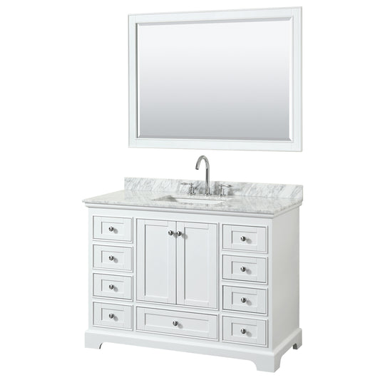 Deborah 48 inch Single Bathroom Vanity in White, White Carrara Marble Countertop, Undermount Square Sink, and 46 inch Mirror