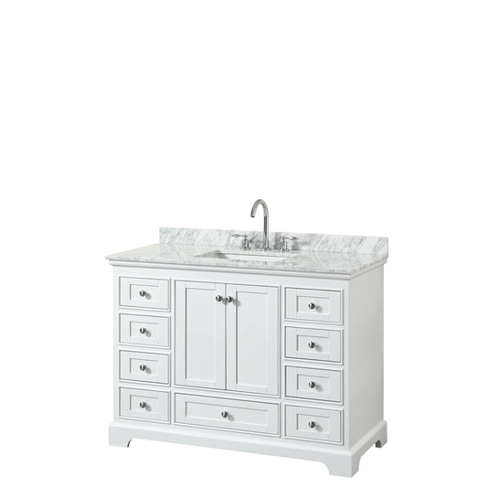 Deborah 48 inch Single Bathroom Vanity in White, White Carrara Marble Countertop, Undermount Square Sink, and No Mirror