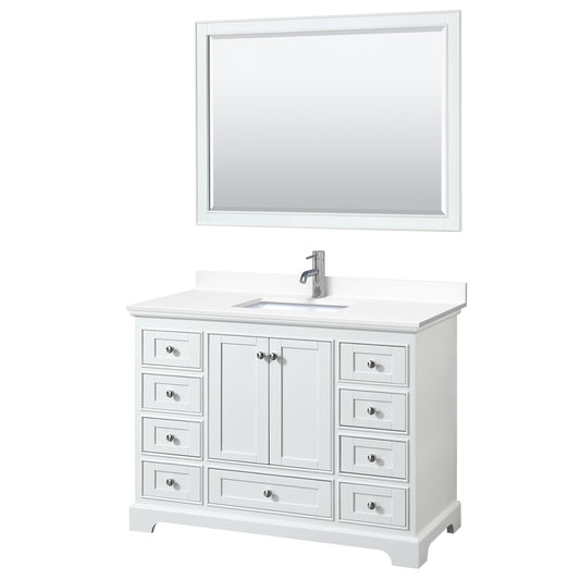 Deborah 48" Single Vanity in White, White Cultured Marble Top, Sink, 46" Mirror