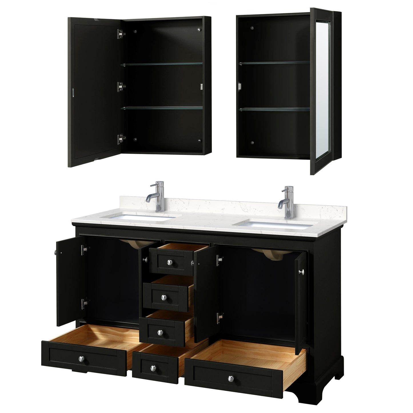 Deborah 60" Double Vanity in Espresso, Carrara Marble Top, Medicine Cabinets