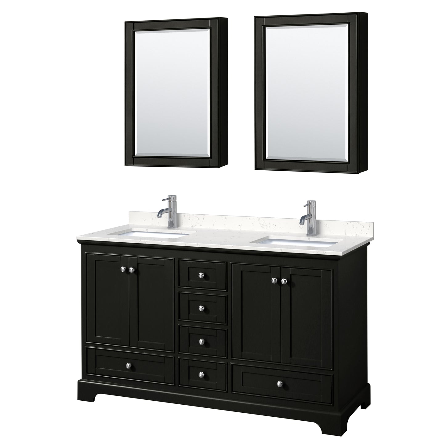 Deborah 60" Double Vanity in Espresso, Carrara Marble Top, Medicine Cabinets