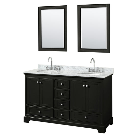 Deborah 60 Inch Double Bathroom Vanity in Dark Espresso, White Carrara Marble Countertop, Undermount Oval Sinks, and 24 Inch Mirrors