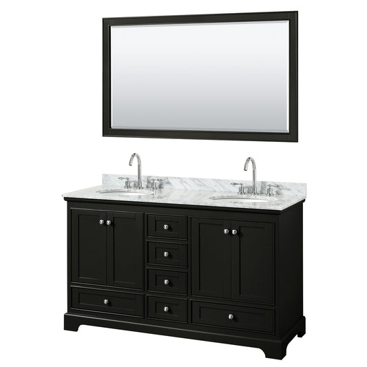 Deborah 60 Inch Double Bathroom Vanity in Dark Espresso, White Carrara Marble Countertop, Undermount Oval Sinks, and 58 Inch Mirror