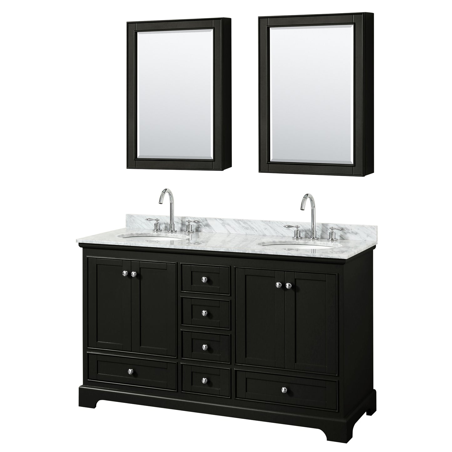 Deborah 60 Inch Double Bathroom Vanity in Dark Espresso, White Carrara Marble Countertop, Undermount Oval Sinks, and Medicine Cabinets