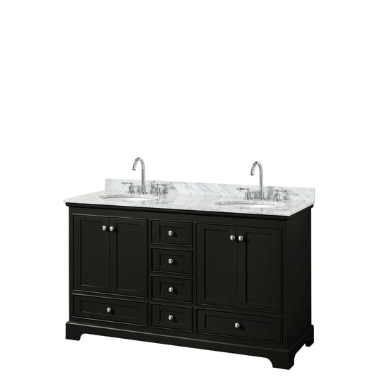 Deborah 60 Inch Double Bathroom Vanity in Dark Espresso, White Carrara Marble Countertop, Undermount Oval Sinks, and No Mirrors