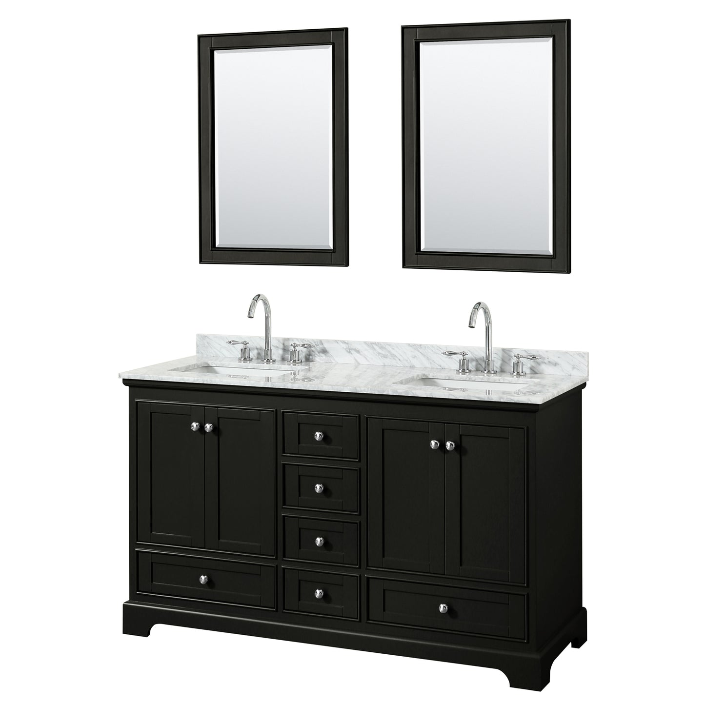 Deborah 60 Inch Double Bathroom Vanity in Dark Espresso, White Carrara Marble Countertop, Undermount Square Sinks, and 24 Inch Mirrors