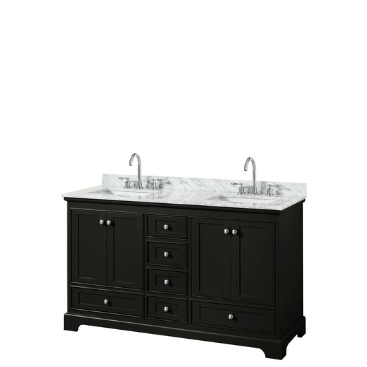 Deborah 60 Inch Double Bathroom Vanity in Dark Espresso, White Carrara Marble Countertop, Undermount Square Sinks, and No Mirrors